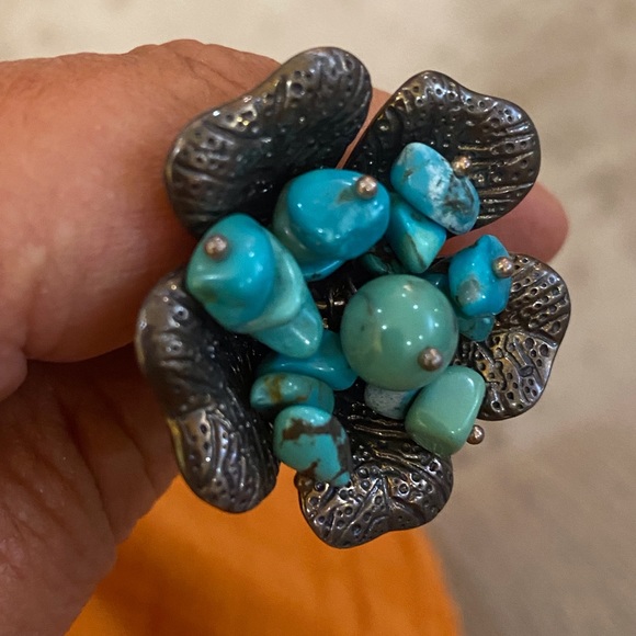 Funky Boho Western Vintage Large Ring Flower Turquoise Silver 925 Sz 7 - Picture 3 of 10